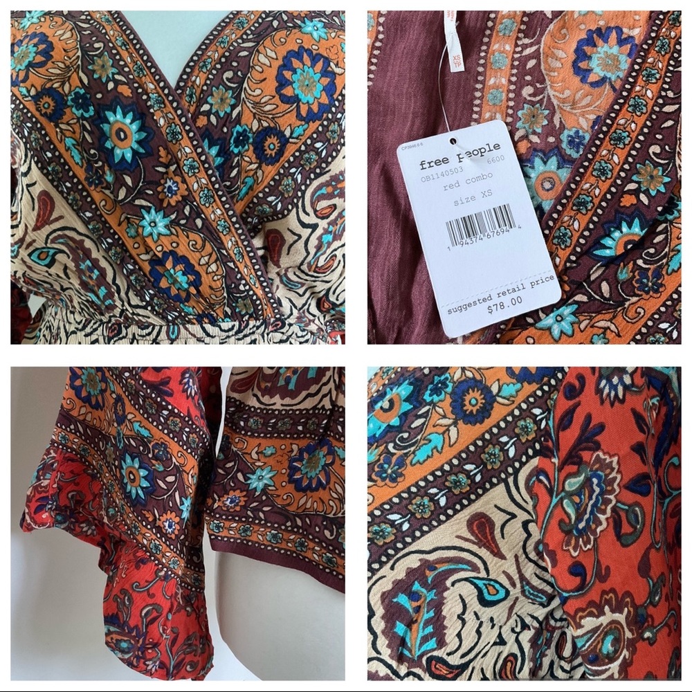 NWT Free People  Boho  Red Combo Wrap Top XS Bell Sleeves, Long Sleeves - Picture 10 of 13